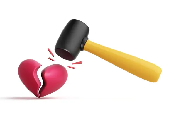 Rubber Hammer Pounding Cracked Red Heart Symbol White Background Problems — Stock Photo, Image