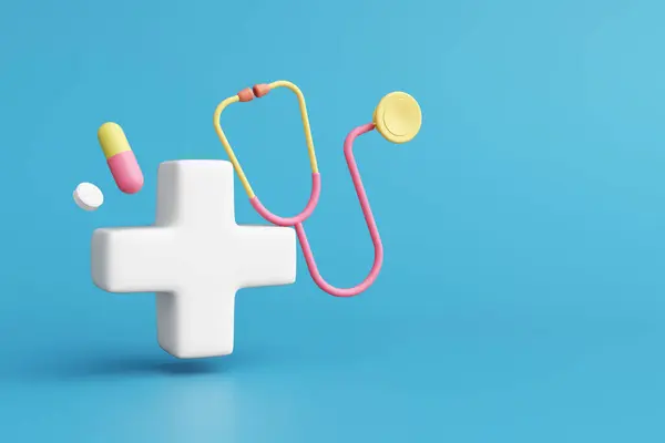 Symbol Stethoscope Capsule Medicine Pills Blue Background Pink Blue Pastel — Stock Photo, Image