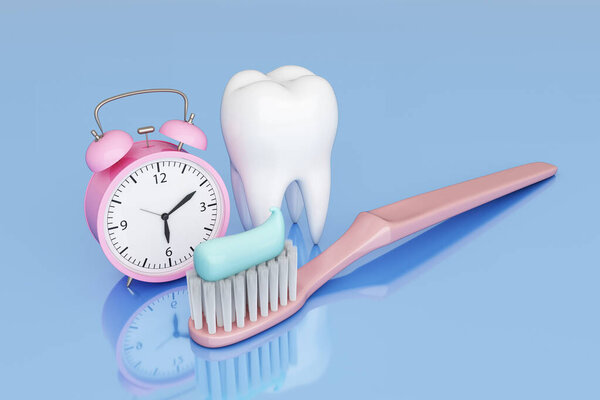 Brushing your teeth regularly and hygienically. Maintaining cleanliness teeth and mouth. 3D objects is alarm clock, toothbrush, teeth and toothpaste on blue background. Clipping path. 3D Illustration.