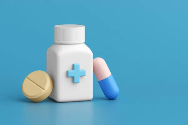 Witte Medicijnfles Pillenpot Met Capsulegeneesmiddel Blauwe Achtergrond Voorschrijven Van Medicijnen Stockfoto