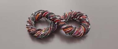 Kırmızı, siyah, sarı ve mavi elektrik kabloları ya da sinyal kabloları gri arkaplanda sonsuzluk sembolü şeklinde birbirine dolanır. Retro analog teknoloji. Kırpma yolu ile nesne. 3B Görüntü.