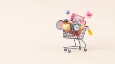 Okula dönelim. Okul başlıyor. Çocuklar ve öğrenciler için alışveriş kırtasiyesi. Alışveriş arabasındaki kırtasiye eşyaları. Pazar, satış, eğitim için müşteri. Kesme yolu. 3B Görüntü.