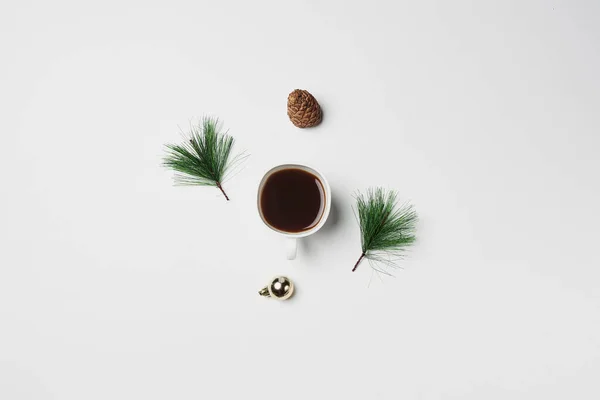 Cup Coffee Pine Cones White Background Copy Space Your Text — Stock Photo, Image