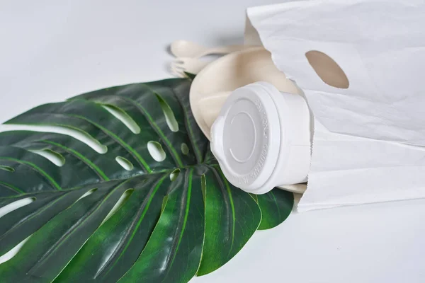 Una Taza Blanca Unas Hojas Verdes Sobre Una Superficie Blanca —  Fotos de Stock