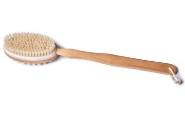 a wooden brush with a white bre on the top and an ivory bre on the bottom, sitting on a white background