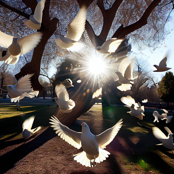 white doves flying in the air with sun shining through trees and buildings in the background on a sunny day