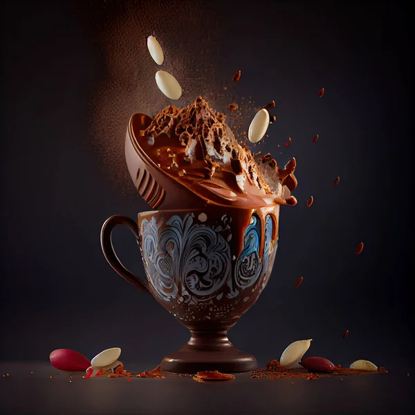 chocolate splashing out of a tea cup on a dark background with scattered pieces of chocolate falling from the top