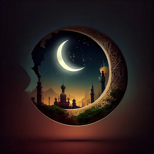 the moon and mosques in arabic style, with an illustration of mosques on its sides to represent rama