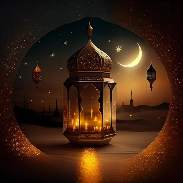 an arabic lantern with the moon in the sky and stars around it, on a dark background for ramas eid