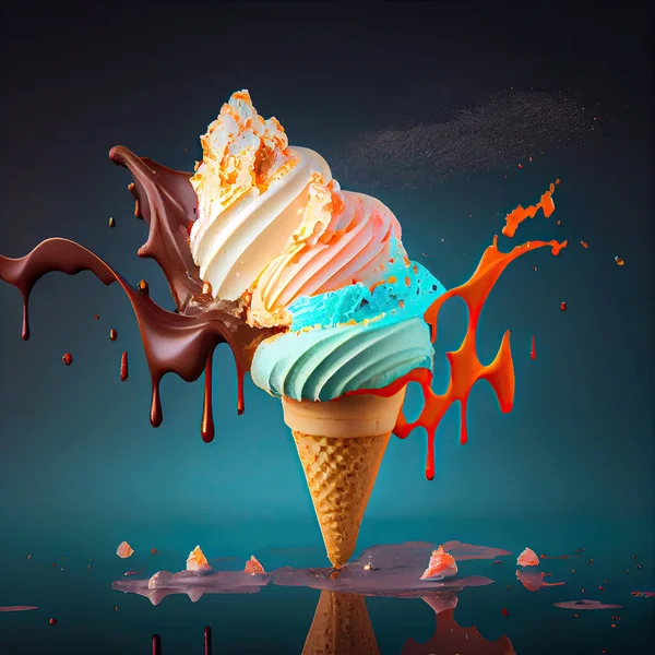 an ice cream cone with chocolate splashing from the top and on its sides, in front of a blue background