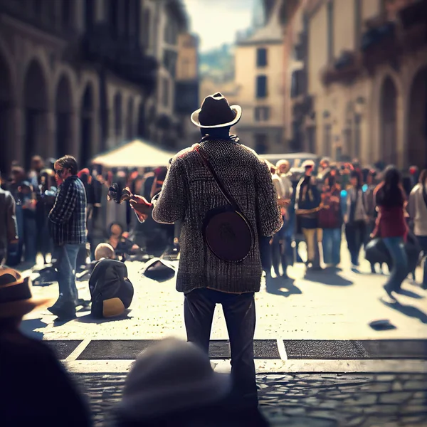 a man standing in the middle of a busy street with people walking around and sitting on the ground behind him