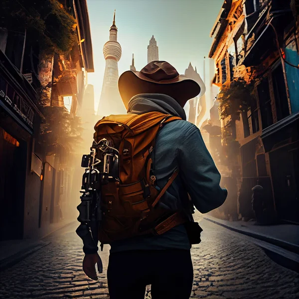 a man with a backpack walking down the street in an urban city at sunset, wearing a hat and carrying a camera