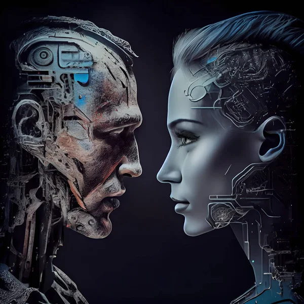 two humanoids facing each other ones face, with blue eyes and white skin on their faces there is a black background