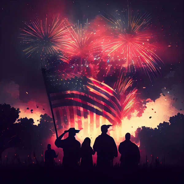 people watching fireworks in the night sky with an american flag on top and two silhouetted by fireworkers