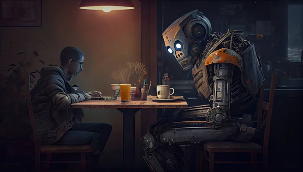 a man sitting at a table with a robot on its back and holding a coffee cup in his hand