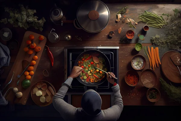 a person cooking vegetables on the stove in front of an electric range oven, surrounded by ingredients and uts
