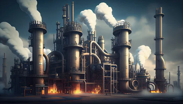 an industrial factory with smoke coming out from the stacks and pipes, in front of a dark blue sky background