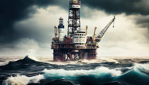 an oil rig in the middle of the ocean with stormy skies and dark clouds overhead over the image is taken from above
