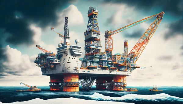 an oil rig platform in the middle of the ocean, with two large cranes and one big crane on top