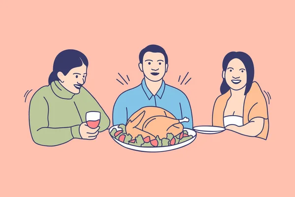 Ilustrações Família Feliz Comer Assado Turquia Para Conceito Design Dia — Vetor de Stock