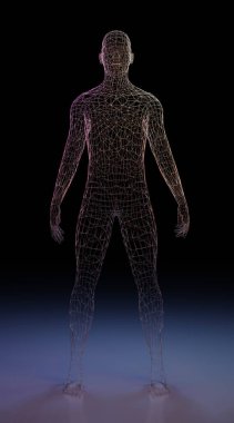 İnsan vücudu tel örgüden yapılmış. Araştırma ve tıp biliminin ya da bilim kurgu oyunlarının ve filmlerin fütüristik sahnelerinin 3D yorumlanması.