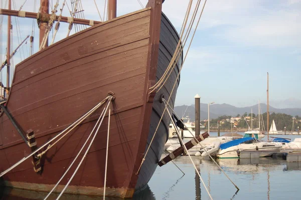 Reproduction of Christopher Columbus\' Pinta caravel, docked in the port of Baiona in Galicia, Spain.