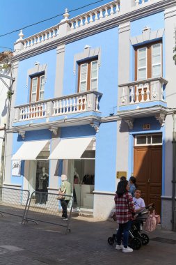 Tenerife, Spain - January 24, 2023: Typical blue painted house in the city of San Cristobal de La Laguna in Tenerife, Canary Islands, Spain.
