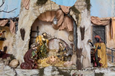 Tenerife, Spain - January 24, 2023: Christmas nativity scene with religious figures and diorama.