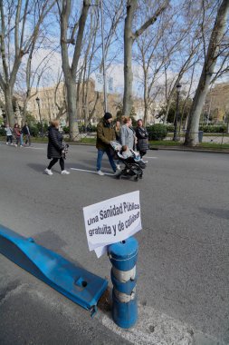 Madrid, Spain - February 12, 2023: Demonstration of citizens and doctors in defense of public health care in the streets of Madrid.