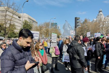 Madrid, Spain - February 12, 2023: Demonstration of citizens and doctors in defense of public health care in the streets of Madrid.