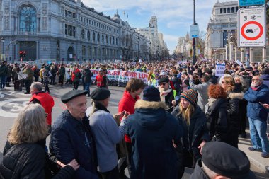 Madrid, Spain - February 12, 2023: Demonstration of citizens and doctors in defense of public health care in the streets of Madrid.