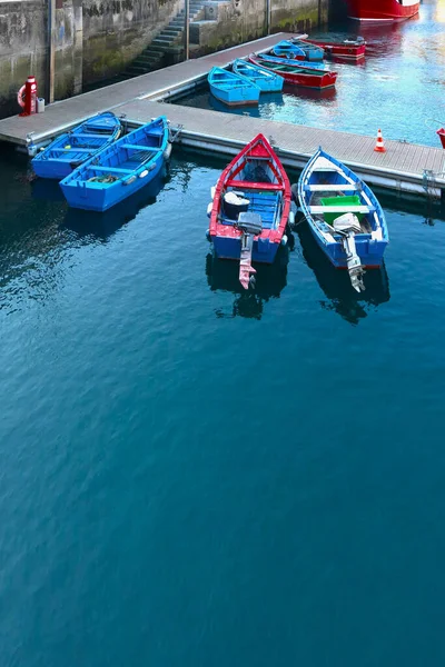 Moored Red Blue Fishing Boats Seaport Luarca Asturias Spain — Stock Photo, Image