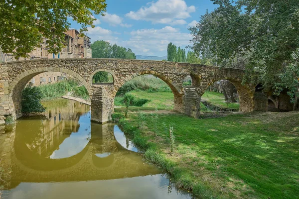 Meder nehri üzerindeki Queralt köprüsü, 11. yüzyıl, Vic, Osona, Barcelona, Katalonya, İspanya, sakin sular ve yanında bulutlar ve ağaç dalları ile mavi gökyüzü ve yeşil çayırlar..