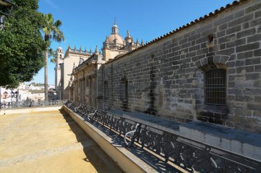 Gökyüzünün altındaki Jerez de la Frontera 'nın güzel detaylı antik katedralinin yan görüntüsü.