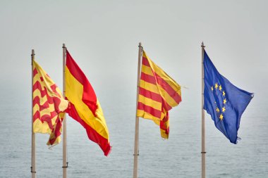 Four representative flags fly together with the sea in the background, evoking the unity and cultural diversity of Europe and its regions. clipart
