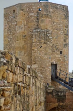 Image of a stone tower in Tarragona, ancient Roman Tarraco, with an attached metal staircase. The cloudy background sky provides a mysterious and historical atmosphere. clipart