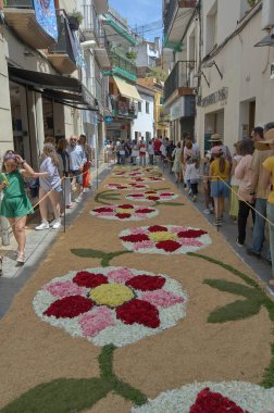 Sitges, Barcelona, İspanya-Haziran 2024: Katılımcıların sadece halkın gözü önünde çiçek kullanarak sanatsal desenler yarattıkları festival anı ölümsüzleştirildi.