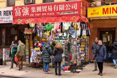 New York, United States -September 07,2024: Vibrant Chinatown shop provides an authentic glimpse into local commerce and culture. The image shows a shop with a red awning and Chinese characters, with clipart