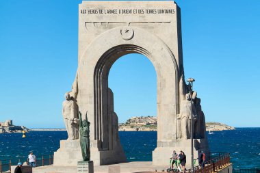 Marseille. France -October 30,2024: The historic Porte de l'Orient in Marseille stands as a solemn tribute to the soldiers of the Army of the East who lost their lives during World War I. Erected in 1927, this memorial holds significant historical va clipart