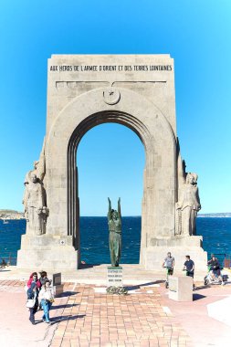 Marseille. France -October 30,2024: The War Memorial of the Army of the East, known as the Porte de l'Orient, erected in 1927 in Marseille. It commemorates the soldiers killed by France on the battlefields of Eastern Europe during World War I. clipart