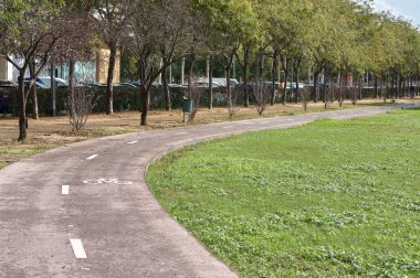 Bisikletçi yolu açıkça yerde bir bisiklet sembolü ile işaretlenmiş soldaki ağaçlar ve sağdaki çimenler ile çevrili iyi korunmuş yol kentsel yeşil alanda güvenli ve keyifli bisikletler için idealdir.