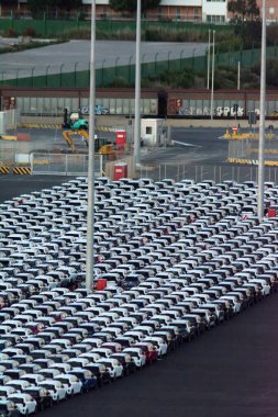Civitavecchia, İtalya - 7 Şubat 2025: Yeni otomobiller ihraç edilmeye hazır. Otomotiv endüstrisini ve küresel ticareti temsil ediyor. Araç dağıtım ağları için gerekli.