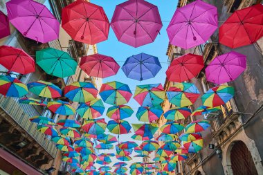 Tuhaf bir caddenin üzerinde asılı parlak renkli şemsiyeler, neşeli ve göz alıcı bir kentsel görsel deneyim yaratıyor.