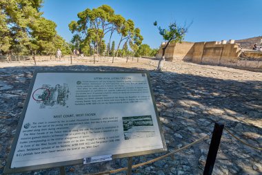 Girit. Yunanistan - 24 Nisan 2025: Knossos arkeoloji sahasındaki bilgi işareti, sarayın Batı Mahallesi ve Batı Cephesi 'ni tarihi gerçekler, diyagramlar ve resimlerle açıklıyor.