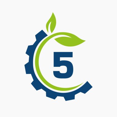 Harf 5 Konsol Logosu Tasarım Vektör Şablonu. Yaprak ve Vites Sembolü