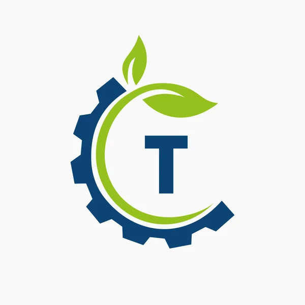 Letter Gear Leaf Logo Design Vector Template Blad Tandwielsymbool — Stockvector