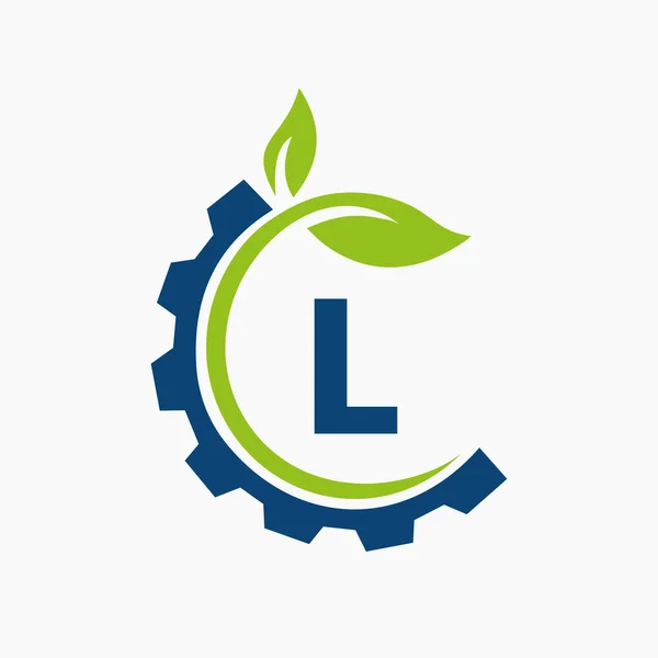 Buchstabe Gear Leaf Logo Design Vector Template Blatt Und Getriebe — Stockvektor