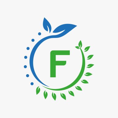 F harfi sağlık logosu. Doktor Logo İşareti, Tıbbi Eczane Eko Yaprak Sembol Tasarımı