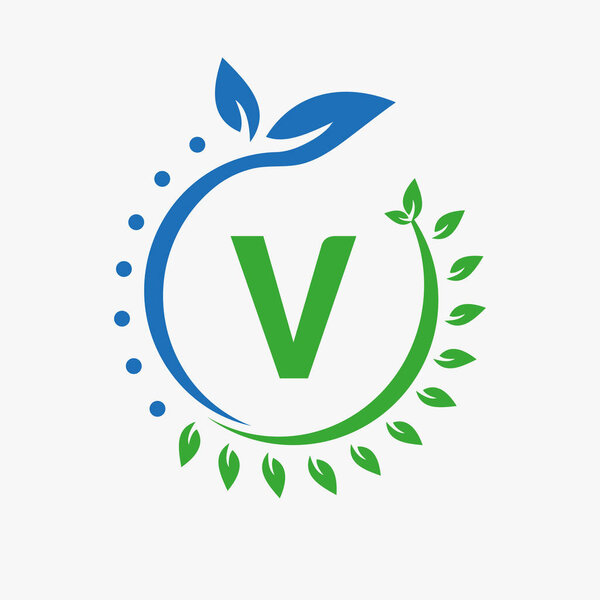 Буква V Здравоохранение. Знак логотипа доктора, медицинская аптека Эко-лист символа дизайн