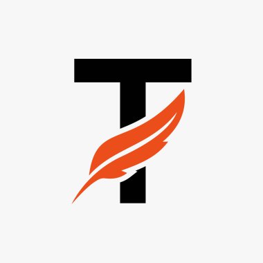 T harfi vektör şablonunda tüy logosu. Hukuk Logosu Kuş Tüyü Sembolü
